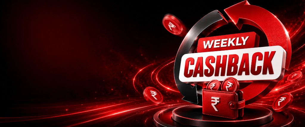 Weekly Cashback â€” red wallet, rupee coins, and circular arrows